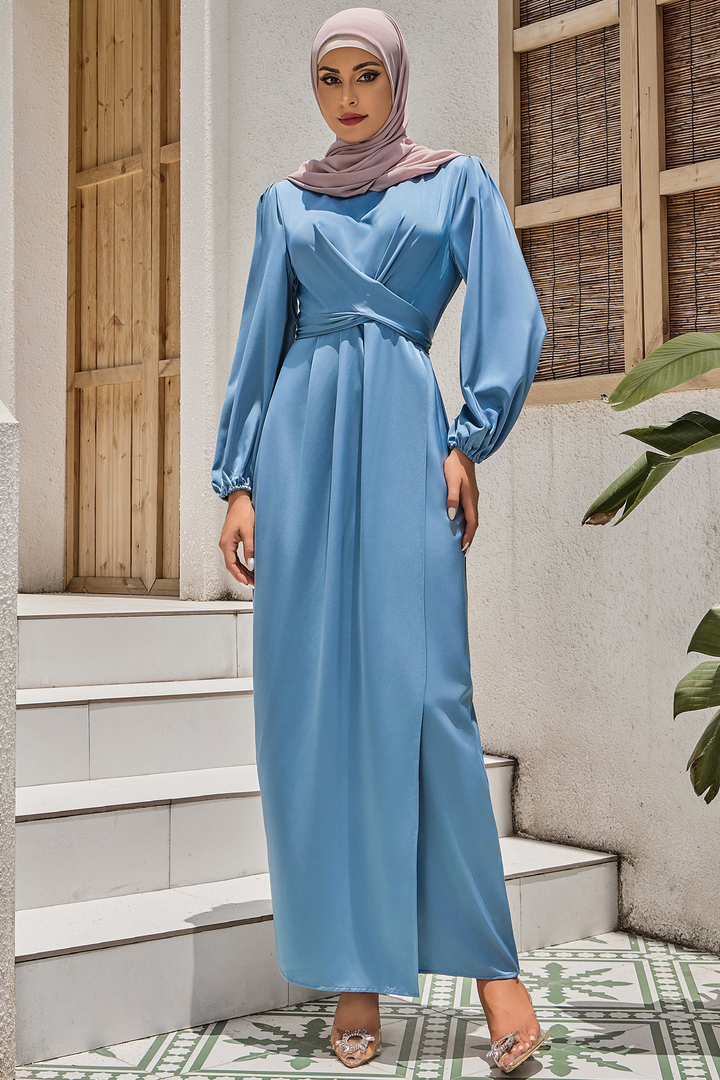 Blue Criss Cross Satin Faux Wrap Maxi Dress-CLEARANCE - Urban Modesty