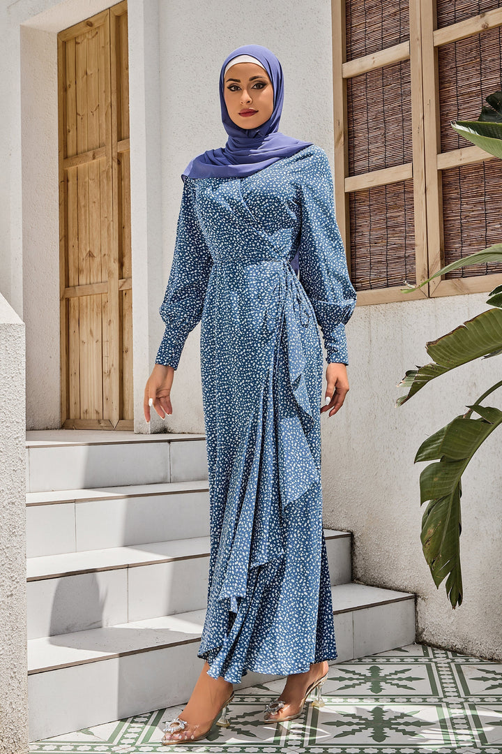 Blue Floral Print Wrap Maxi Dress