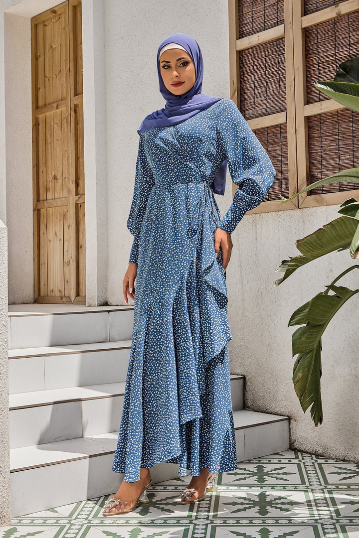 Blue Floral Print Wrap Maxi Dress