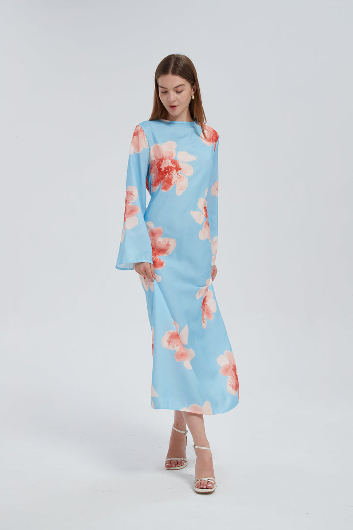 Blue Hibiscus Kimono Sleeves Maxi Dress