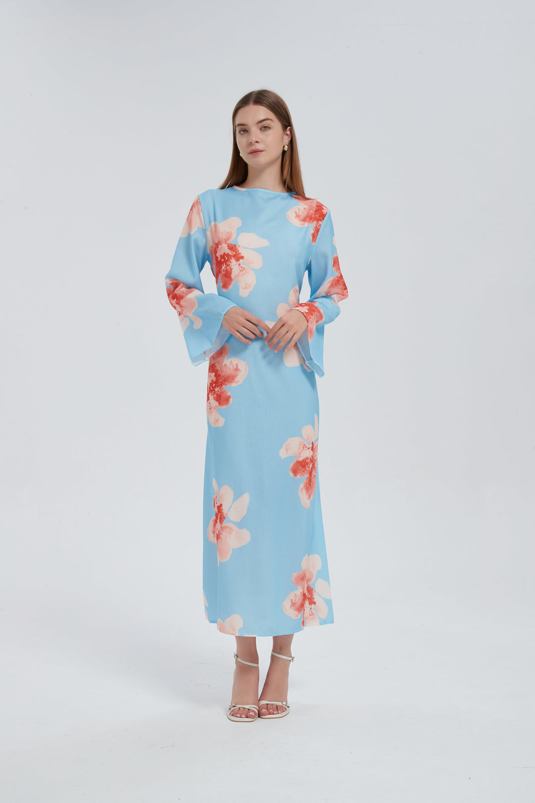 Blue Hibiscus Kimono Sleeves Maxi Dress