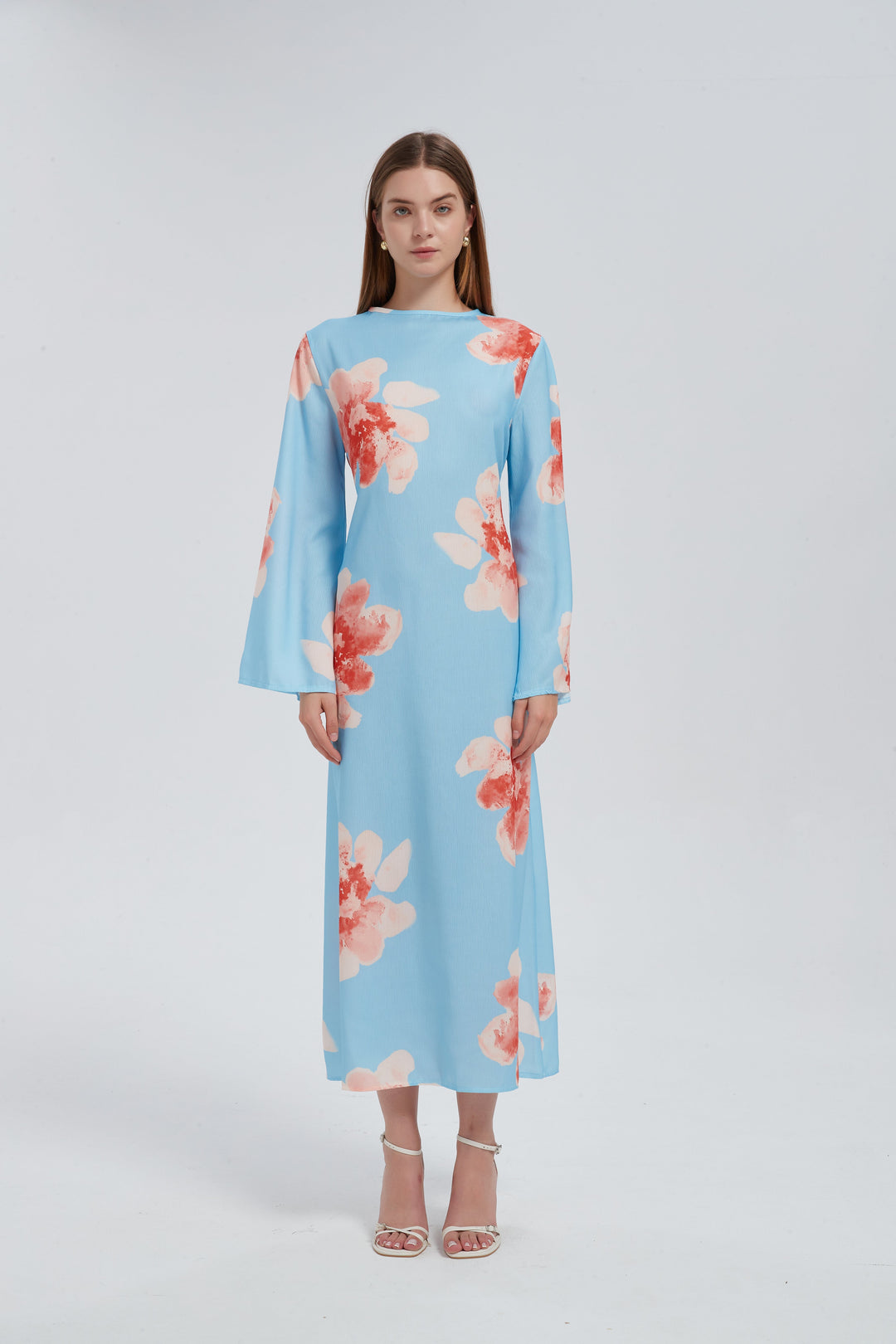 Blue Hibiscus Kimono Sleeves Maxi Dress