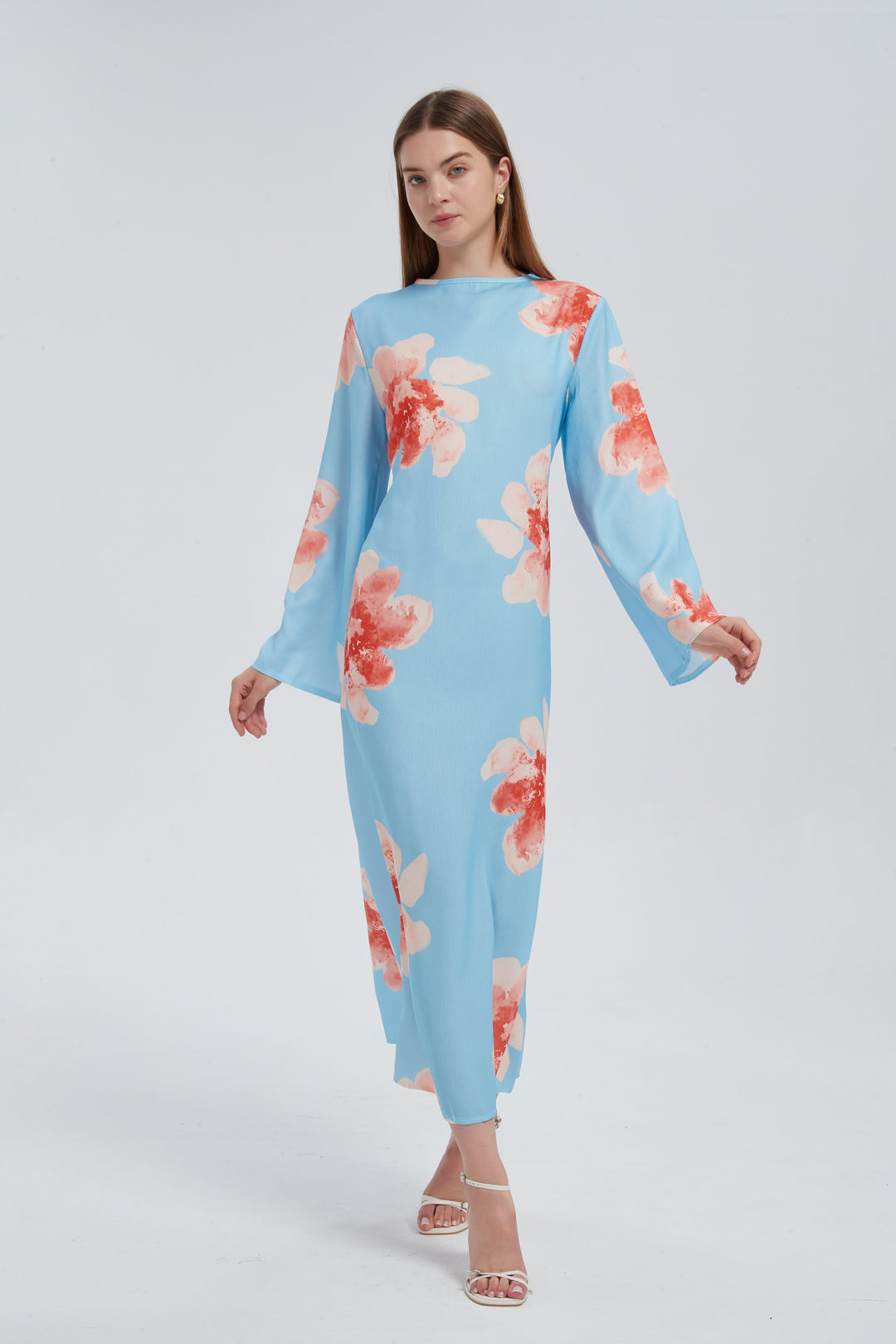 Blue Hibiscus Kimono Sleeves Maxi Dress