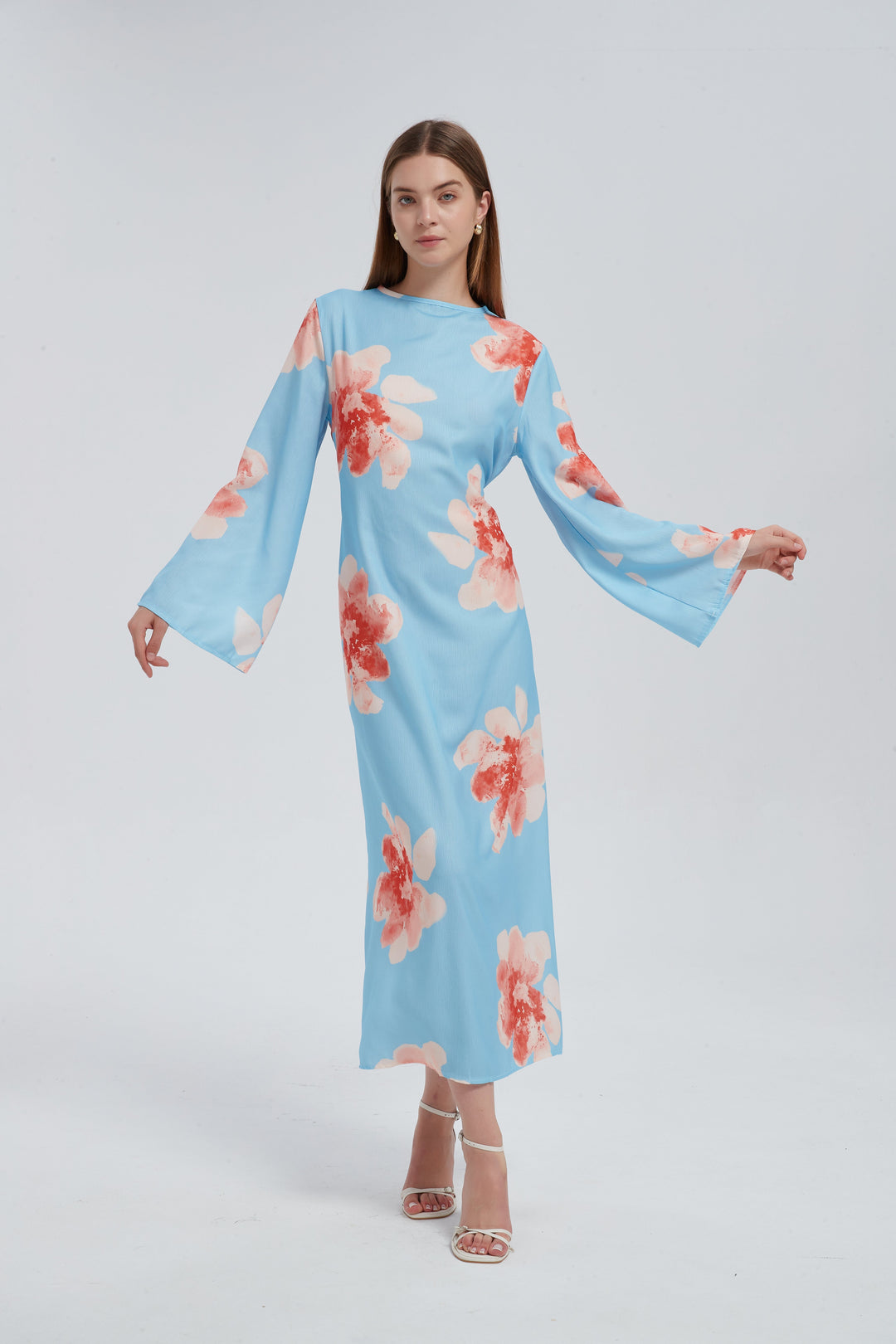 Blue Hibiscus Kimono Sleeves Maxi Dress