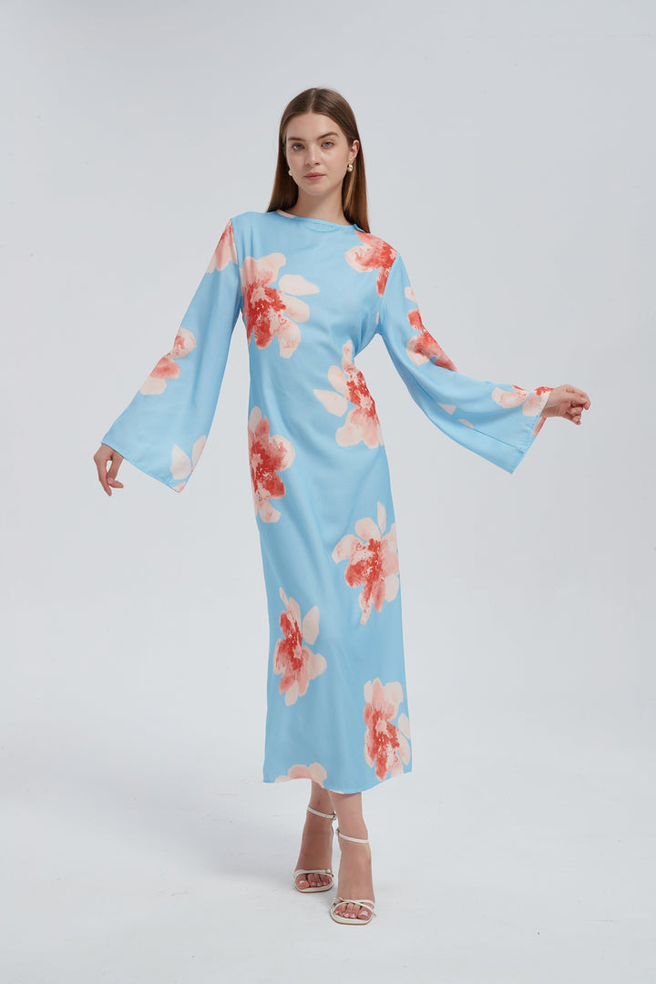 Blue Hibiscus Kimono Sleeves Maxi Dress