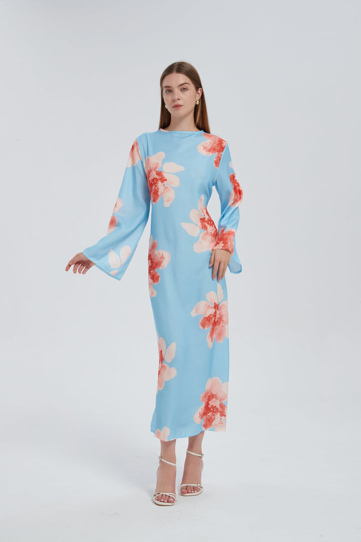 Blue Hibiscus Kimono Sleeves Maxi Dress
