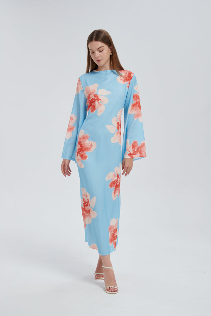 Blue Hibiscus Kimono Sleeves Maxi Dress
