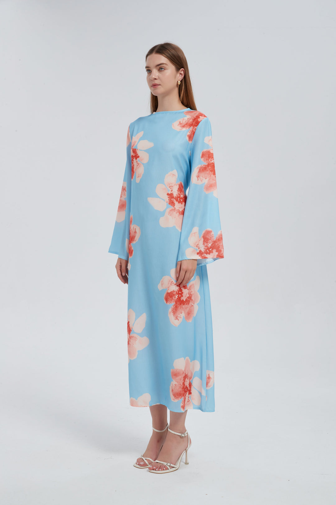 Blue Hibiscus Kimono Sleeves Maxi Dress