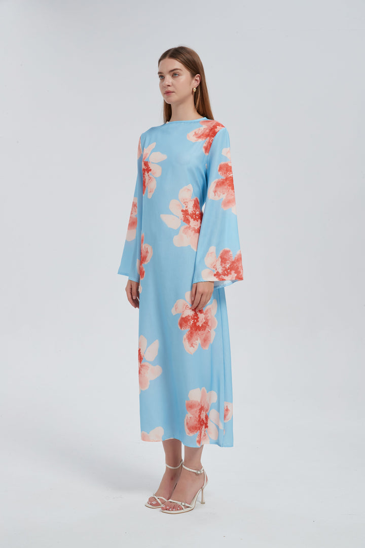 Blue Hibiscus Kimono Sleeves Maxi Dress