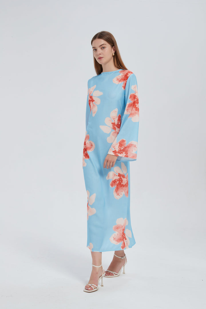 Blue Hibiscus Kimono Sleeves Maxi Dress