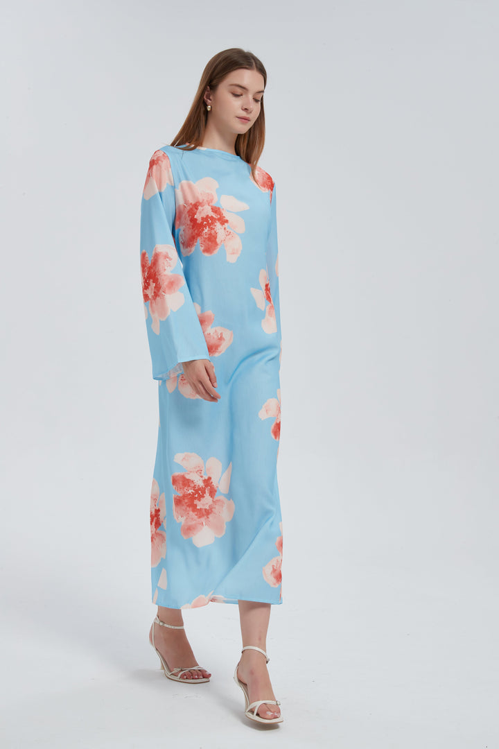 Blue Hibiscus Kimono Sleeves Maxi Dress