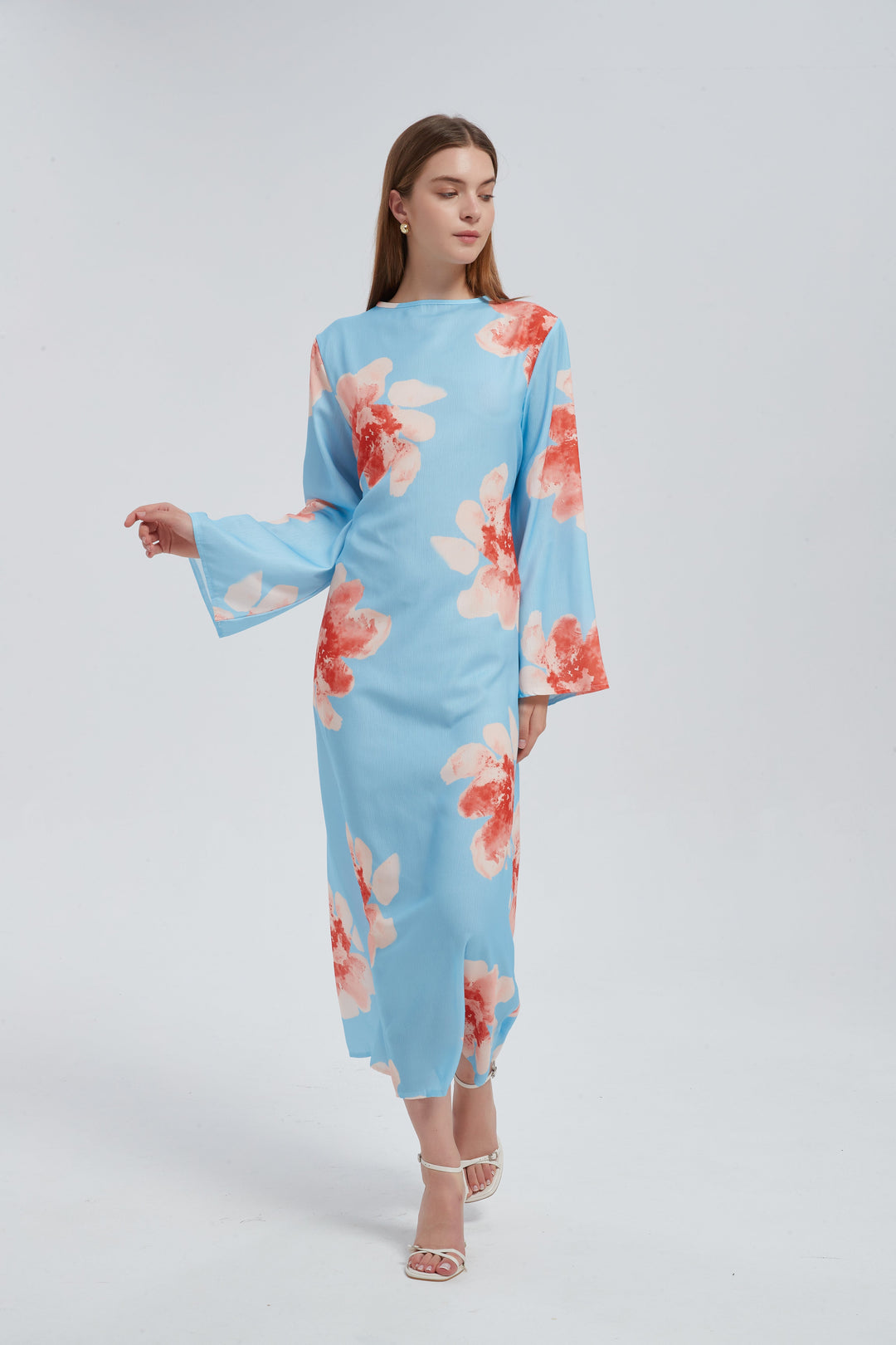 Blue Hibiscus Kimono Sleeves Maxi Dress