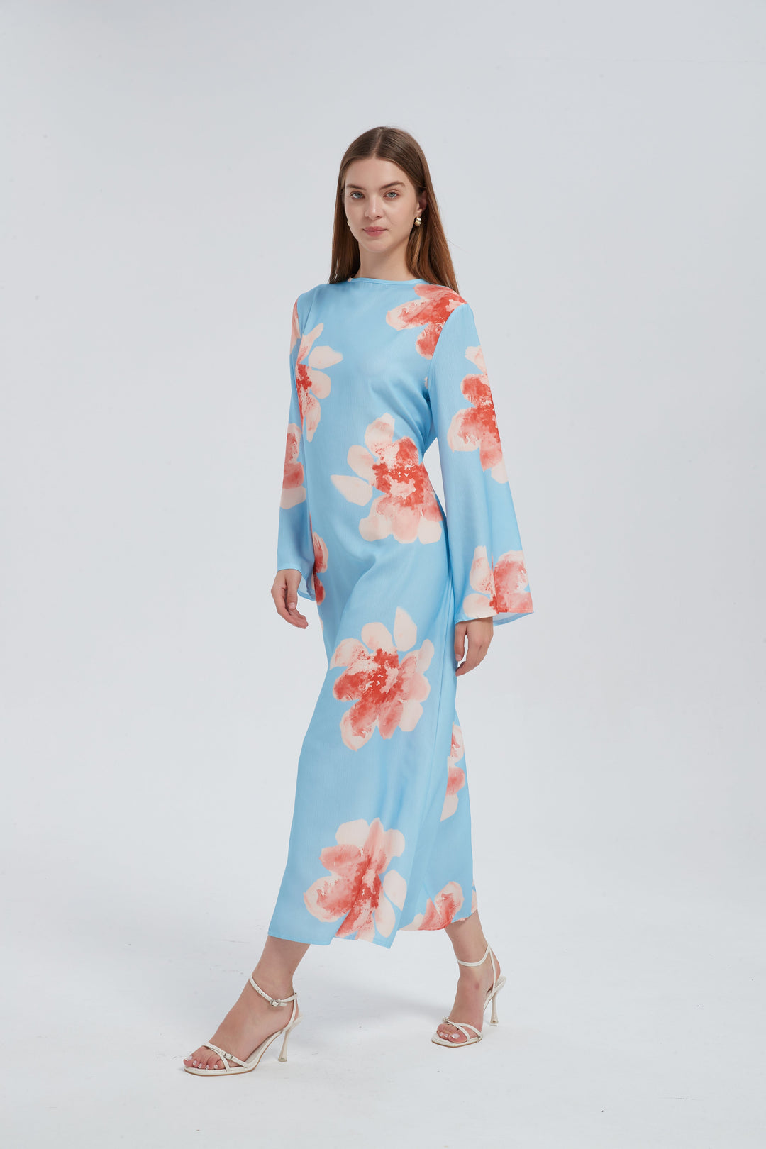 Blue Hibiscus Kimono Sleeves Maxi Dress