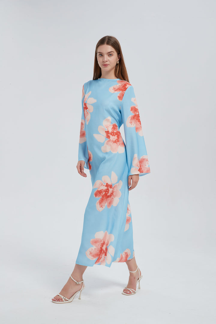 Blue Hibiscus Kimono Sleeves Maxi Dress