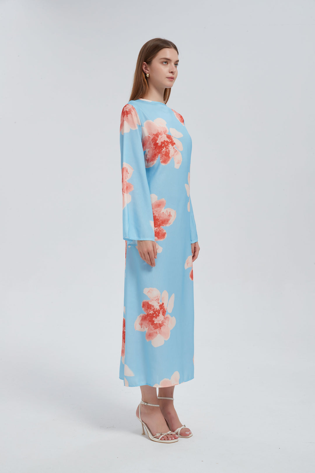 Blue Hibiscus Kimono Sleeves Maxi Dress