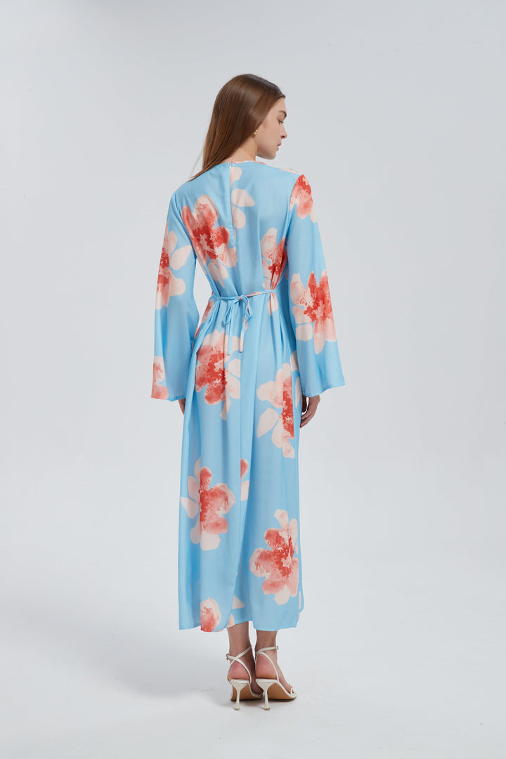Blue Hibiscus Kimono Sleeves Maxi Dress