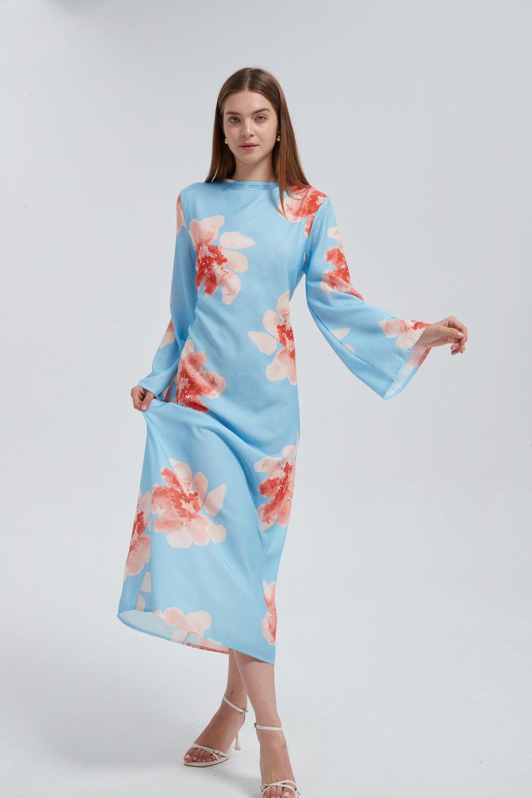 Blue Hibiscus Kimono Sleeves Maxi Dress