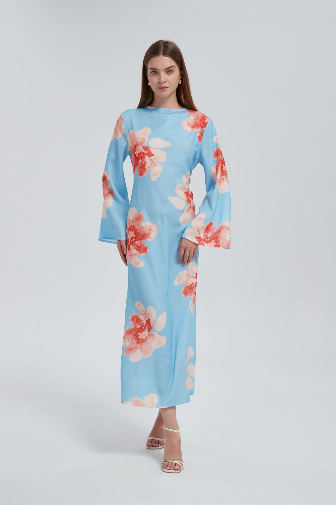 Blue Hibiscus Kimono Sleeves Maxi Dress