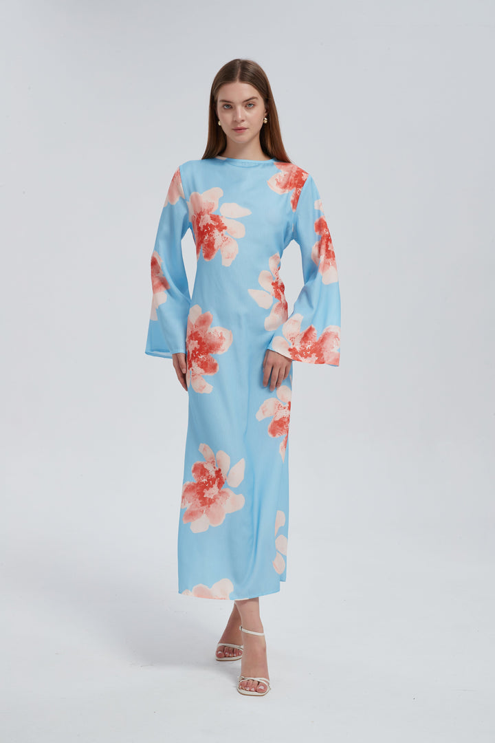 Blue Hibiscus Kimono Sleeves Maxi Dress