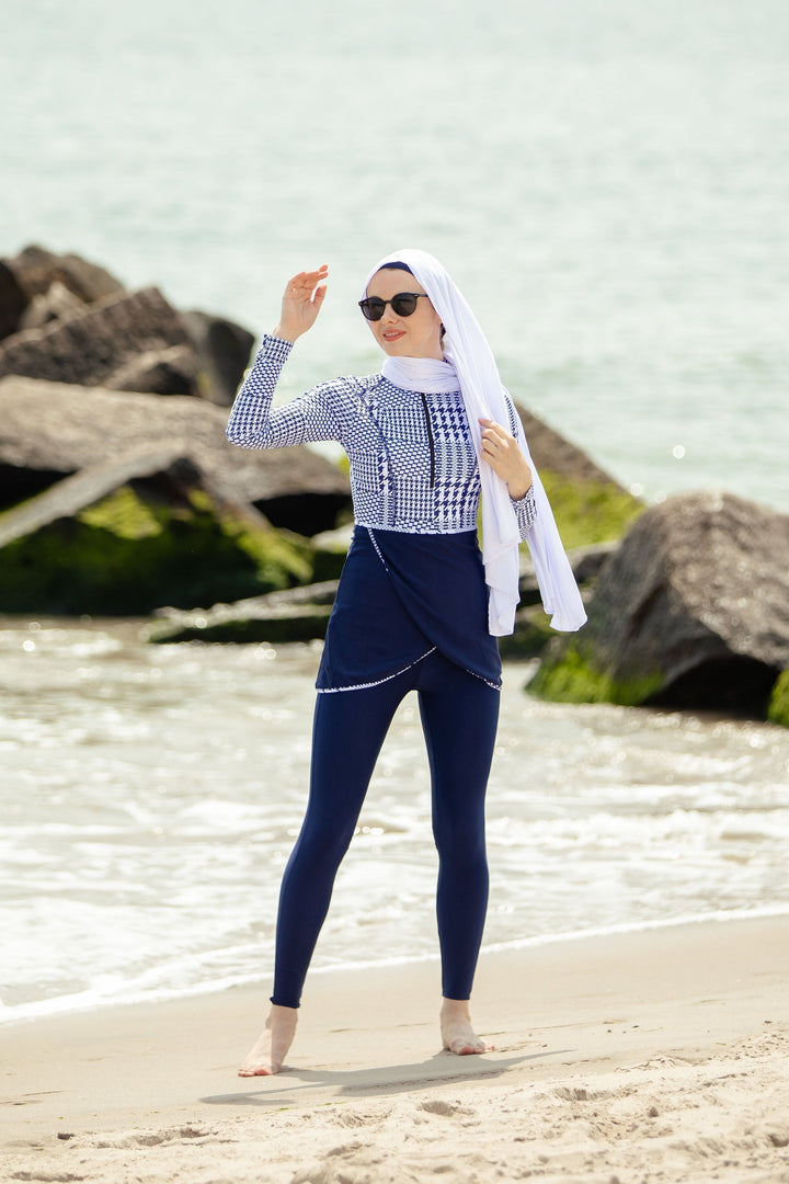 Blue Houndstooth Print 3 Piece Modest Swimsuit