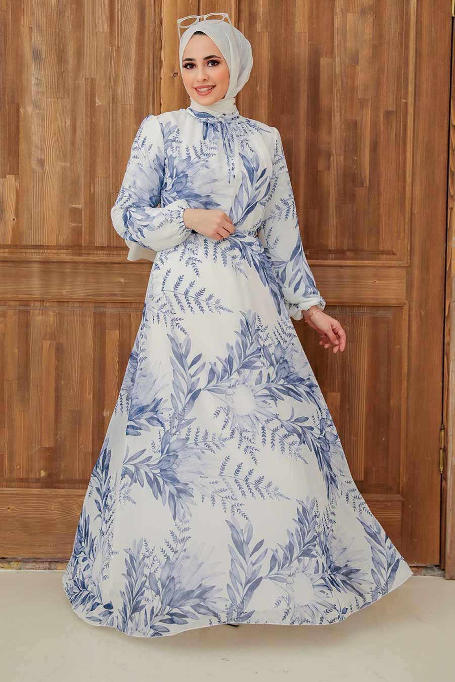 Blue Leaf Chiffon Long Sleeve Maxi Dress - Urban Modesty