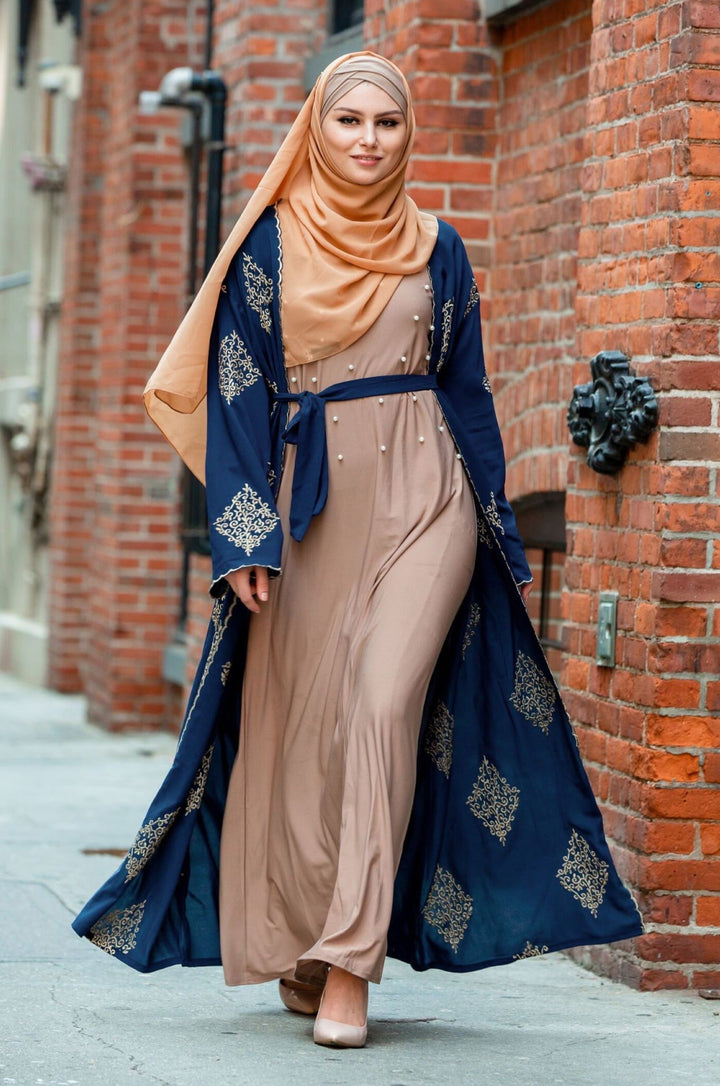 Blue Marrakech Damask Open Front Abaya