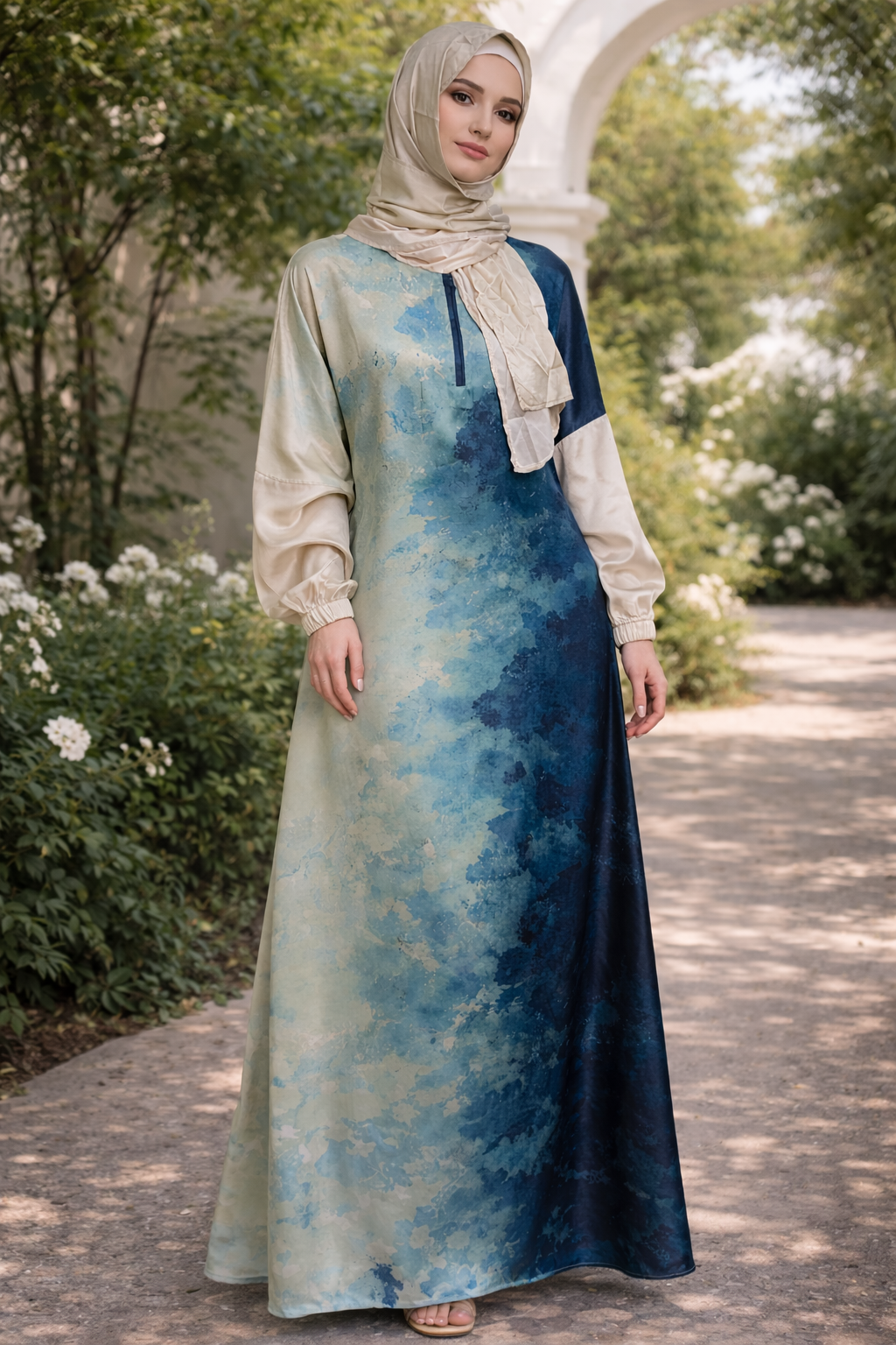 Blue Ombré One Piece Salah Prayer Outfit worn by a woman in a garden setting.