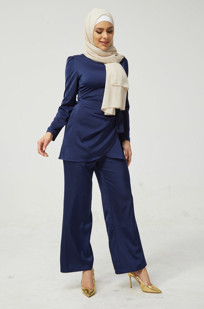 Blue Satin Side Wrap Tunic & Pant Set