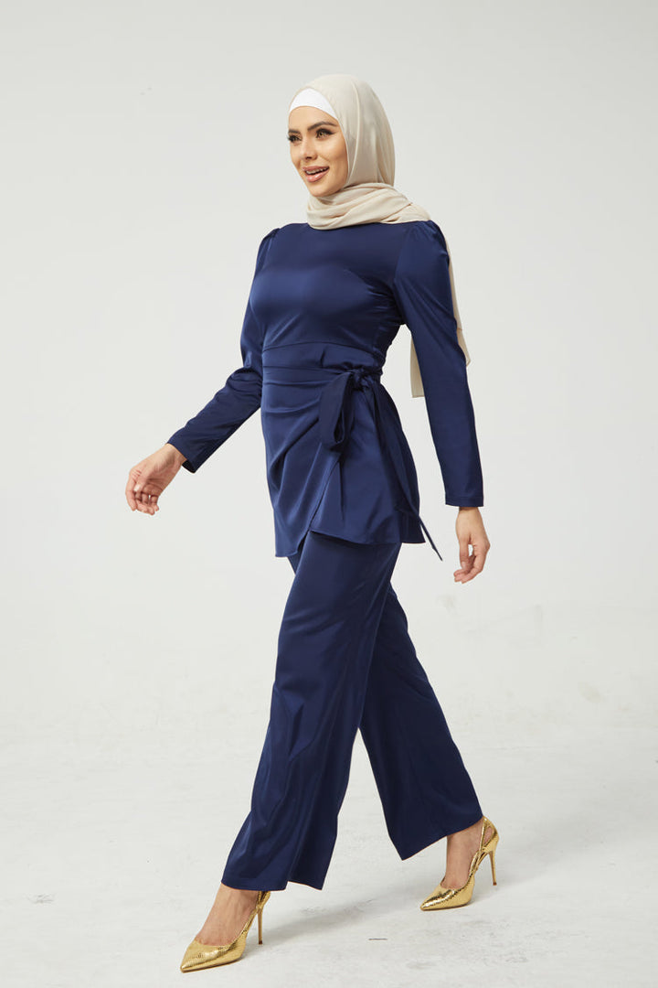 Blue Satin Side Wrap Tunic & Pant Set