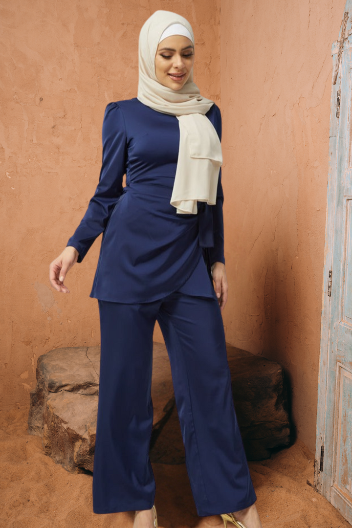 Blue Satin Side Wrap Tunic & Pant Set