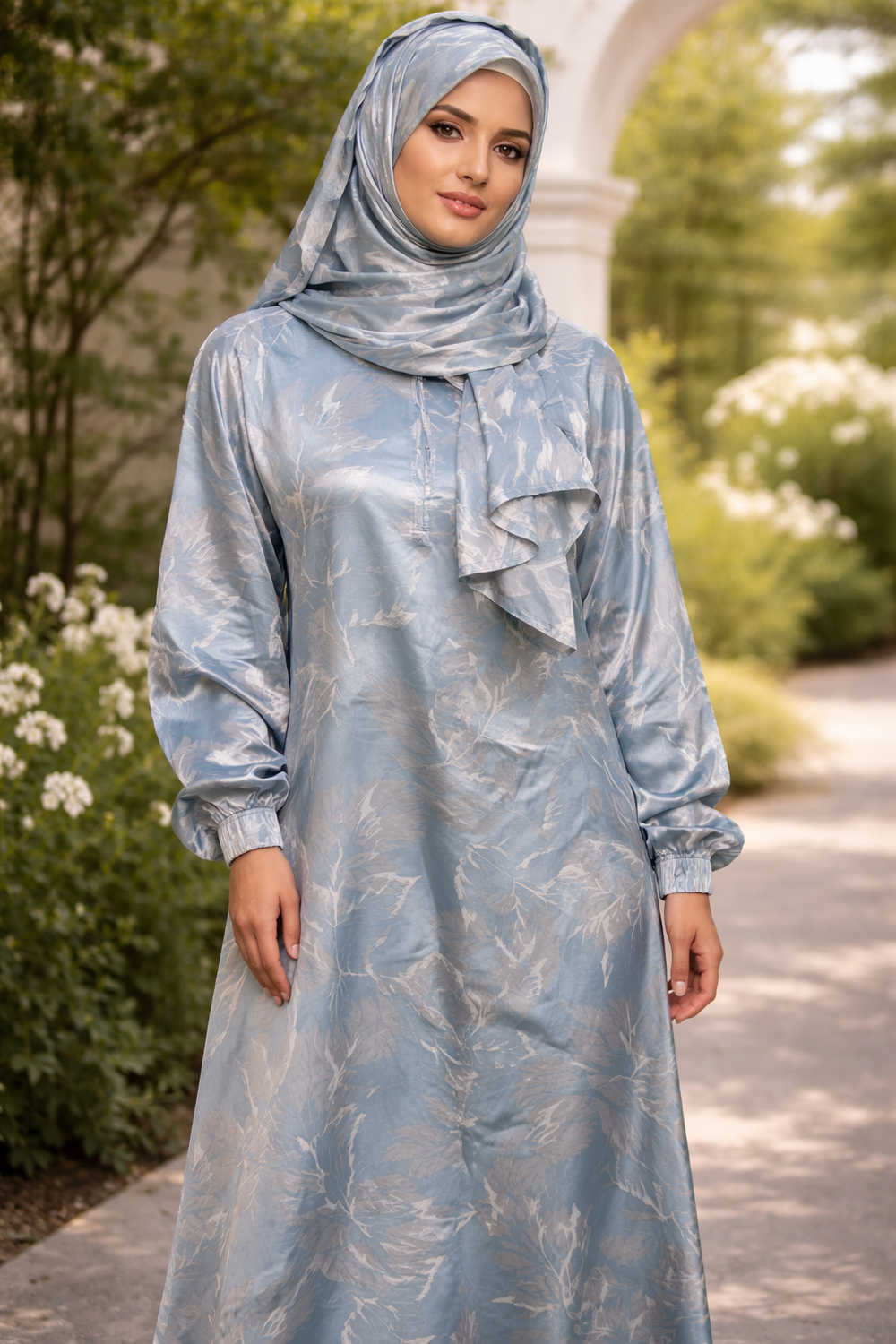 Blue Vines One Piece Salah Prayer Outfit in soft, breathable fabric, ideal for Hajj or Umrah, with comfortable and opaque design.