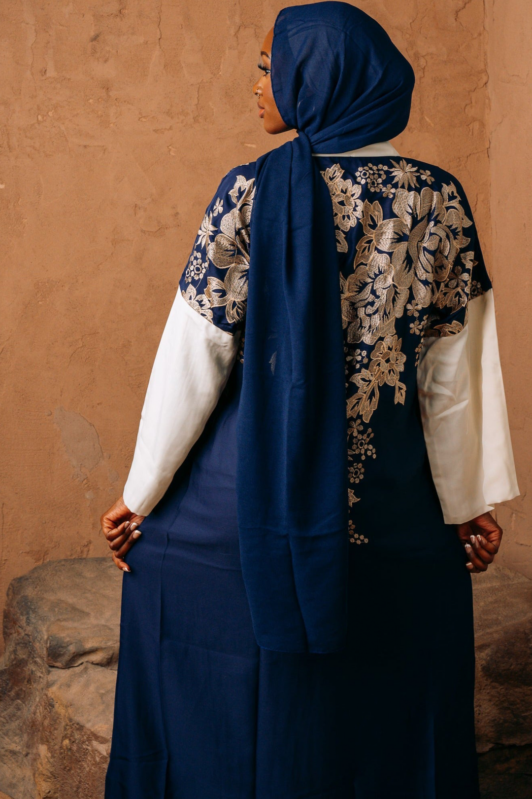 Blue and Ivory Floral Print Open Front Abaya-CLEARANCE