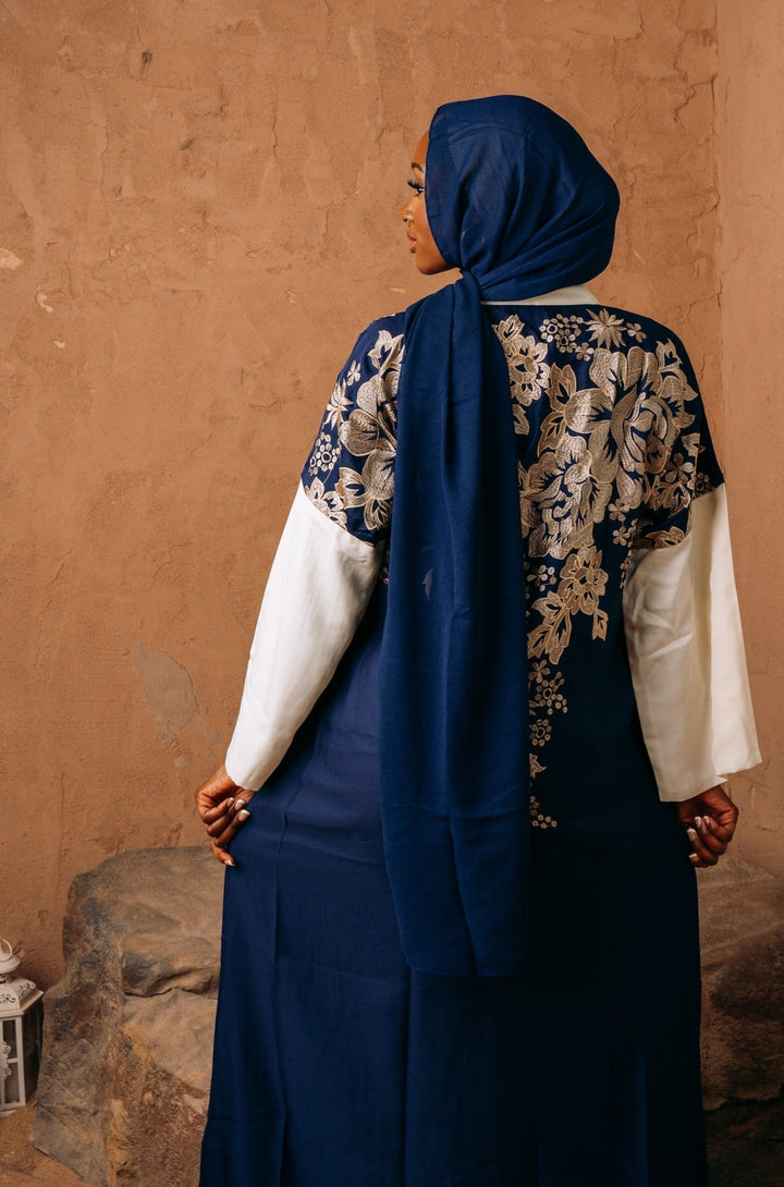 Blue and Ivory Floral Print Open Front Abaya-CLEARANCE