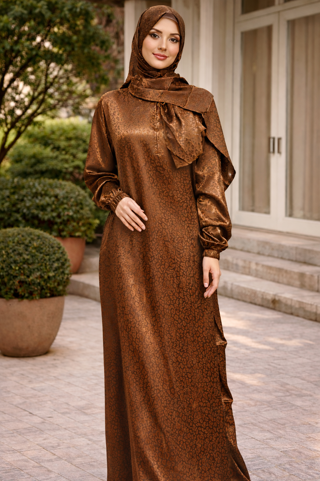 Woman wearing Bronze Cheetah One Piece Salah Prayer Outfit with breathable fabric, perfect for comfort and coverage during prayers.