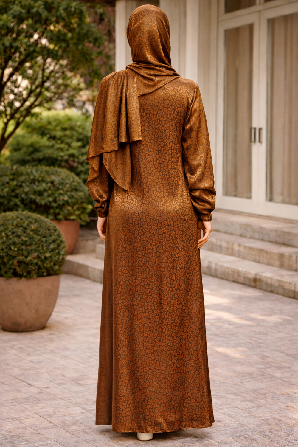 Back view of Bronze Cheetah One Piece Salah Prayer Outfit in soft, opaque, and breathable fabric, ideal for Hajj or Umrah.