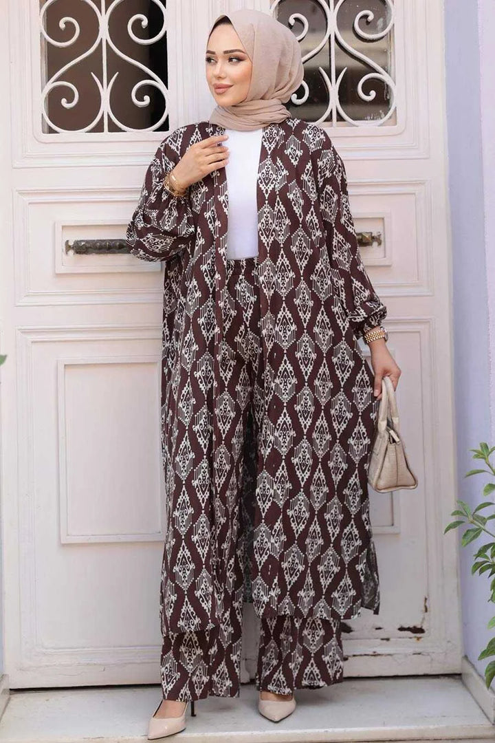 Brown Abstract Cardigan and Pants Set One Size S XL