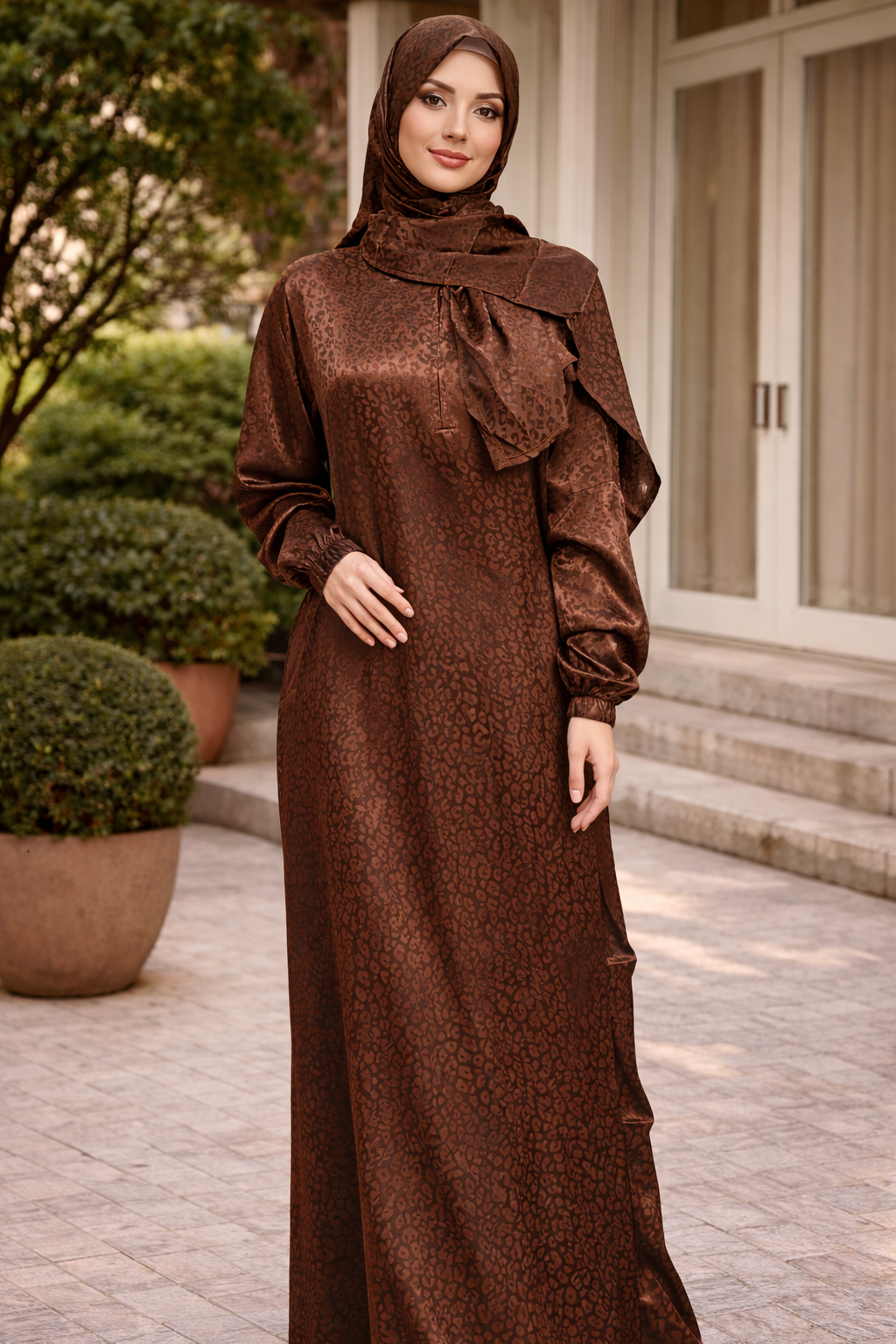 Woman wearing Brown Cheetah One Piece Salah Prayer Outfit in outdoor setting