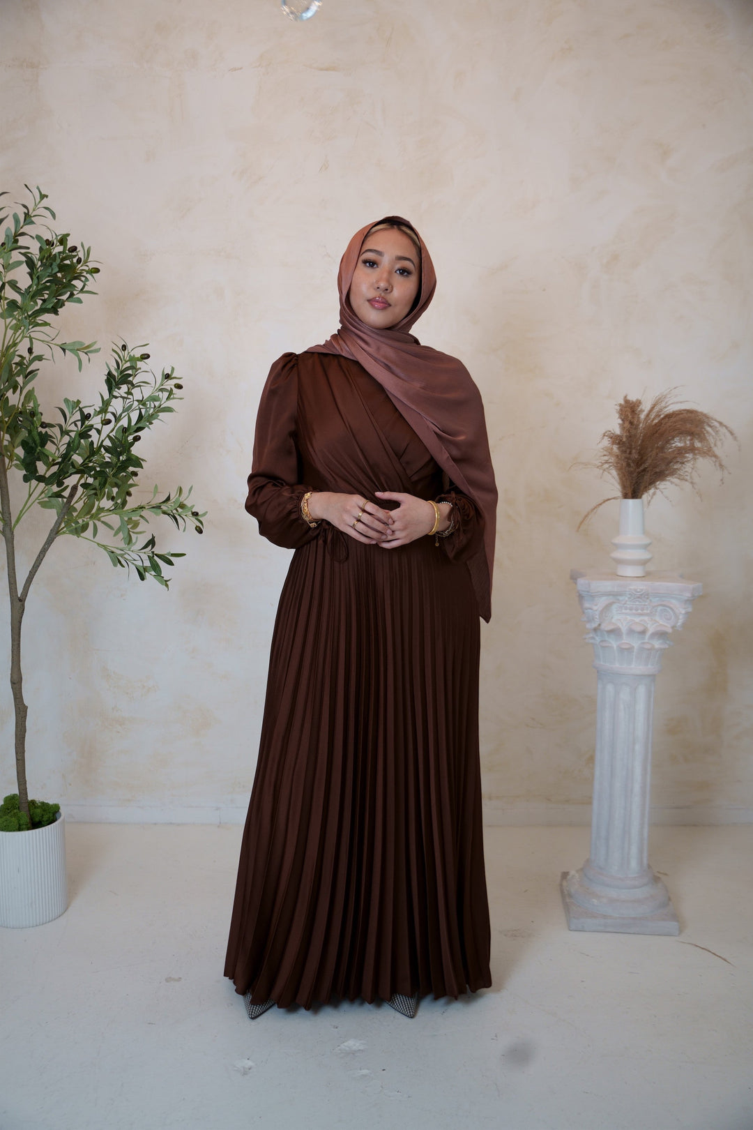 Brown Criss Cross Pleated Satin Gown - Urban Modesty