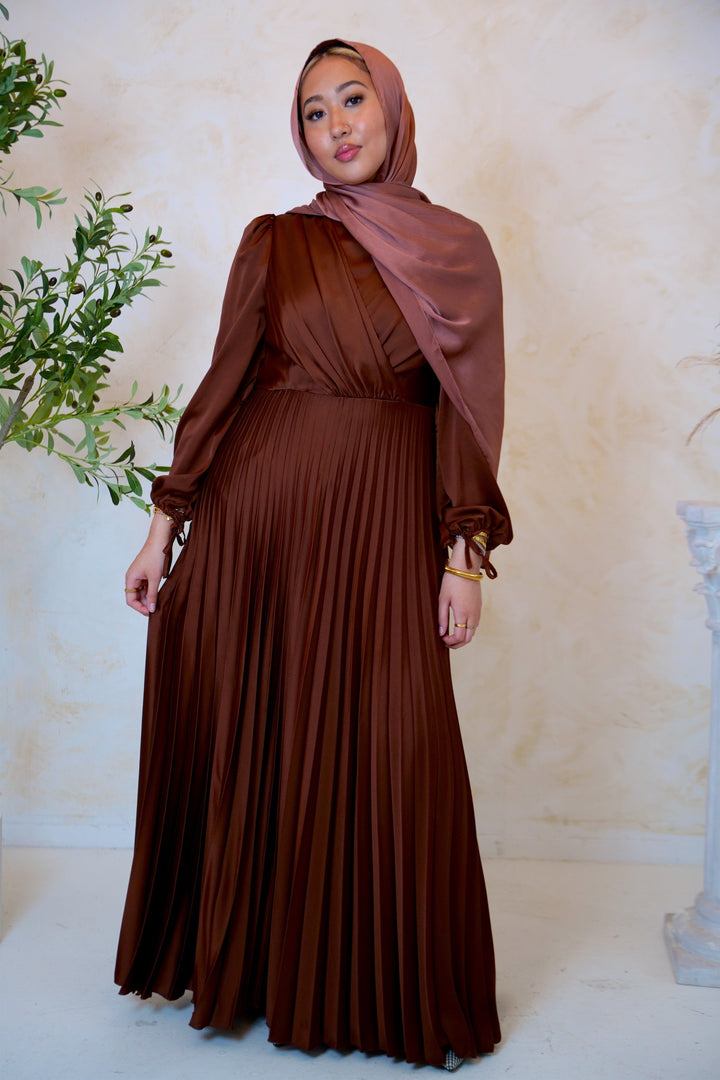 Brown Criss Cross Pleated Satin Gown - Urban Modesty