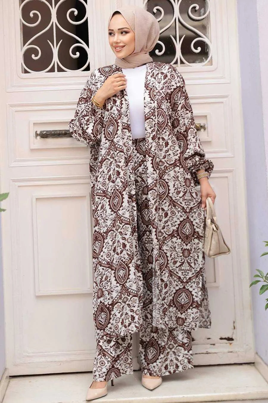 Brown Damask Cardigan and Pants Set One Size S XL