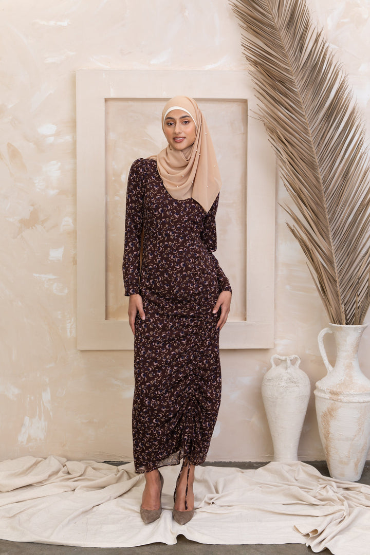 Brown Floral Ruched Maxi Dress