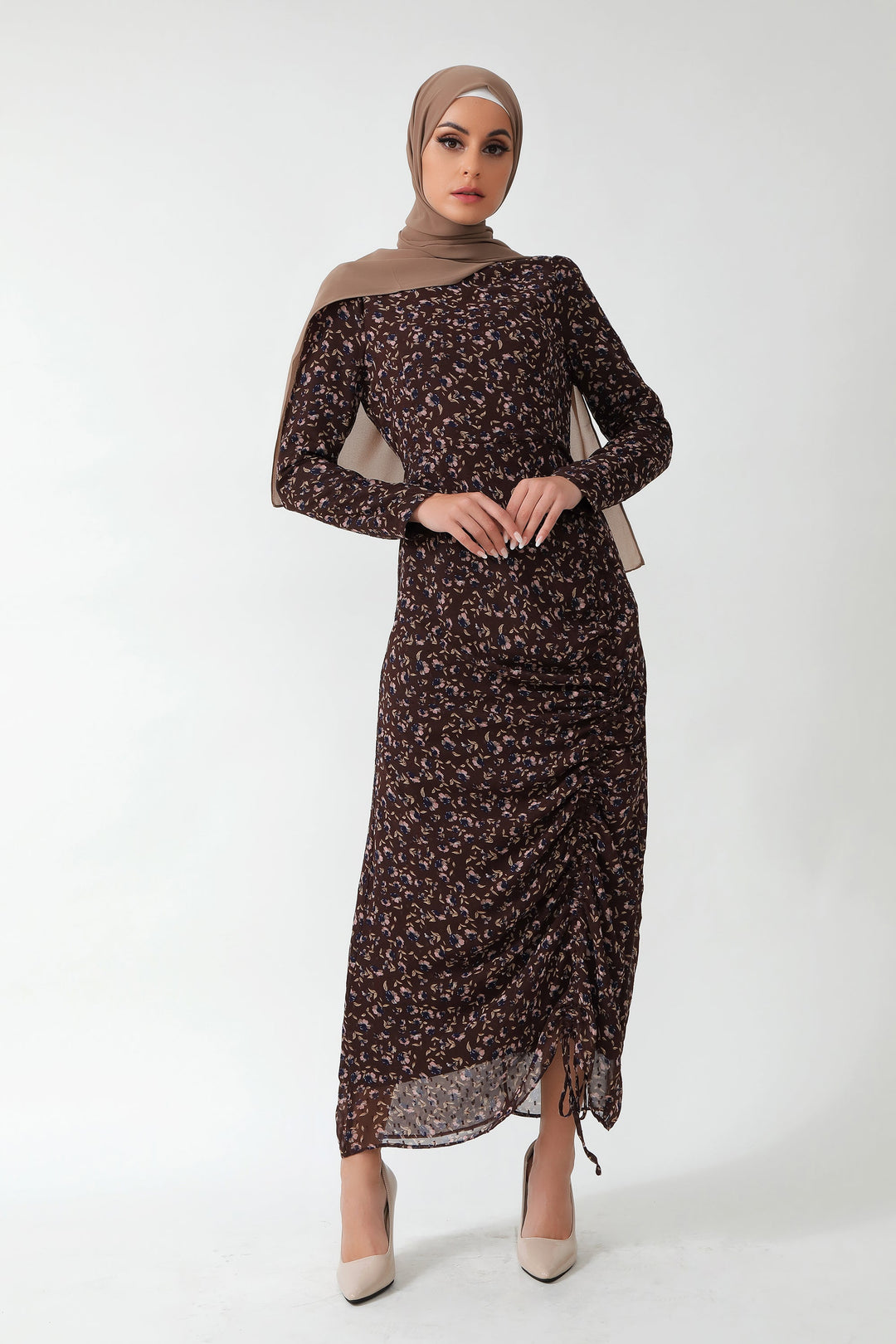 Brown Floral Ruched Maxi Dress