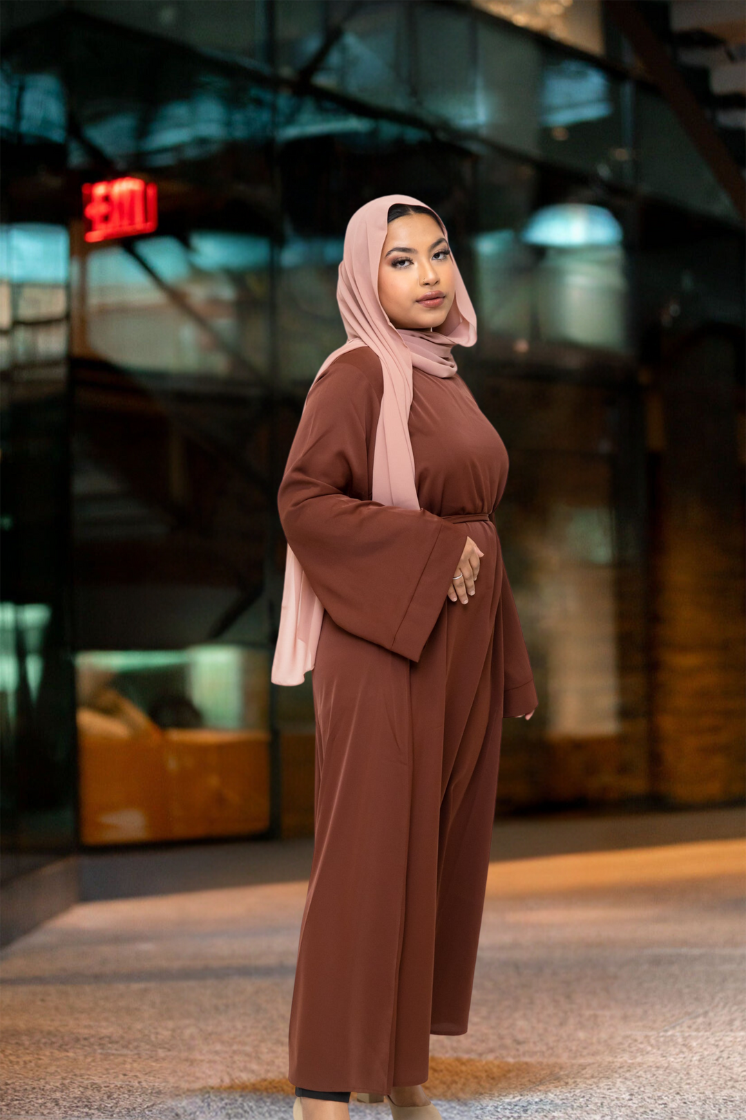 Brown kimono sleeve abaya maxi dress with hijab