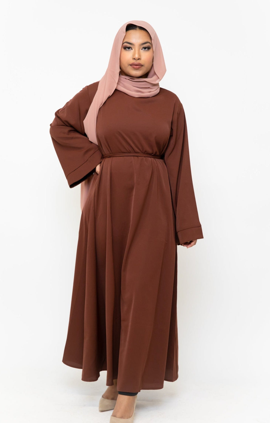 Brown kimono sleeve abaya maxi dress with matching hijab
