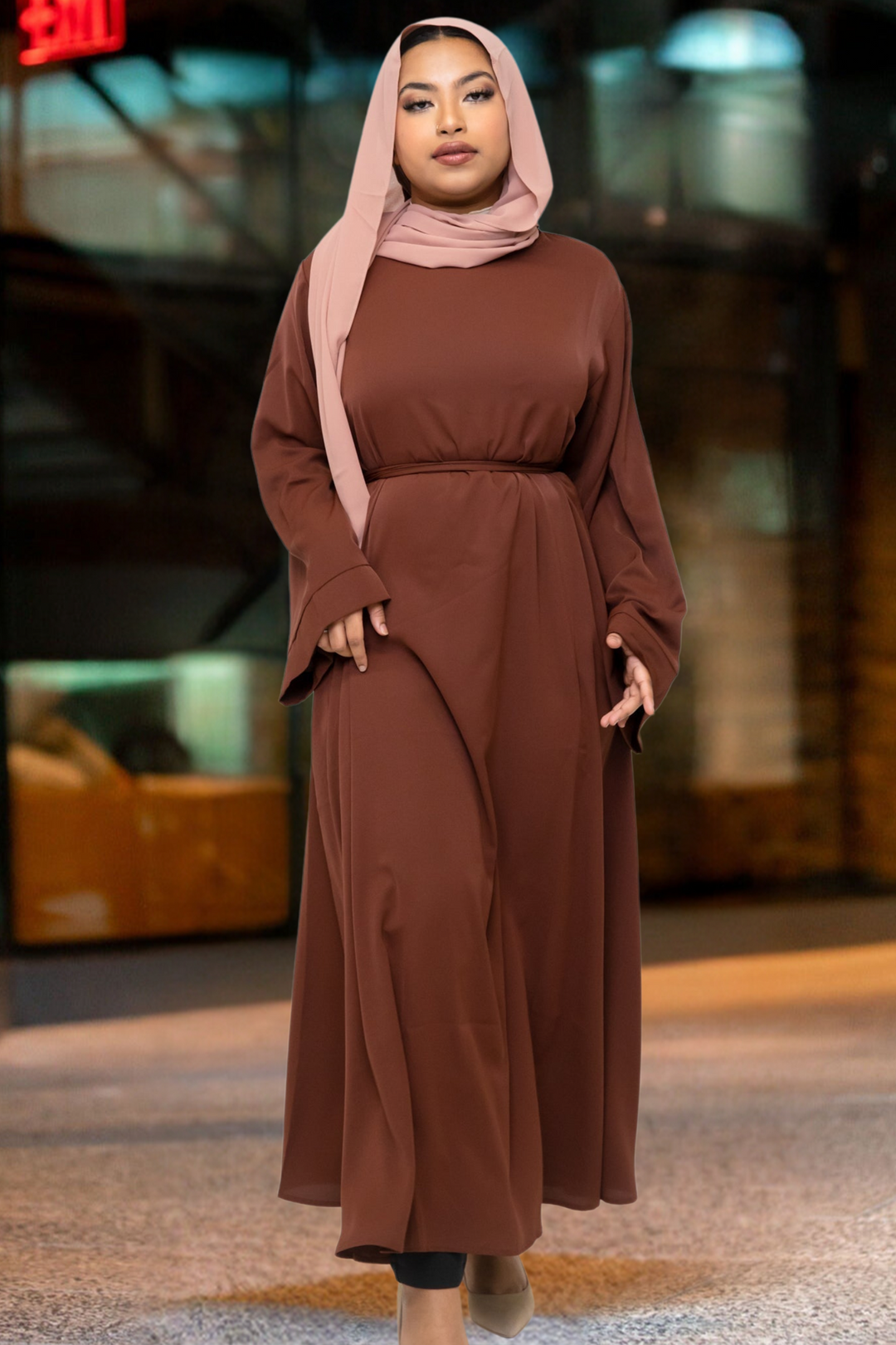 Brown kimono sleeve abaya maxi dress with hijab