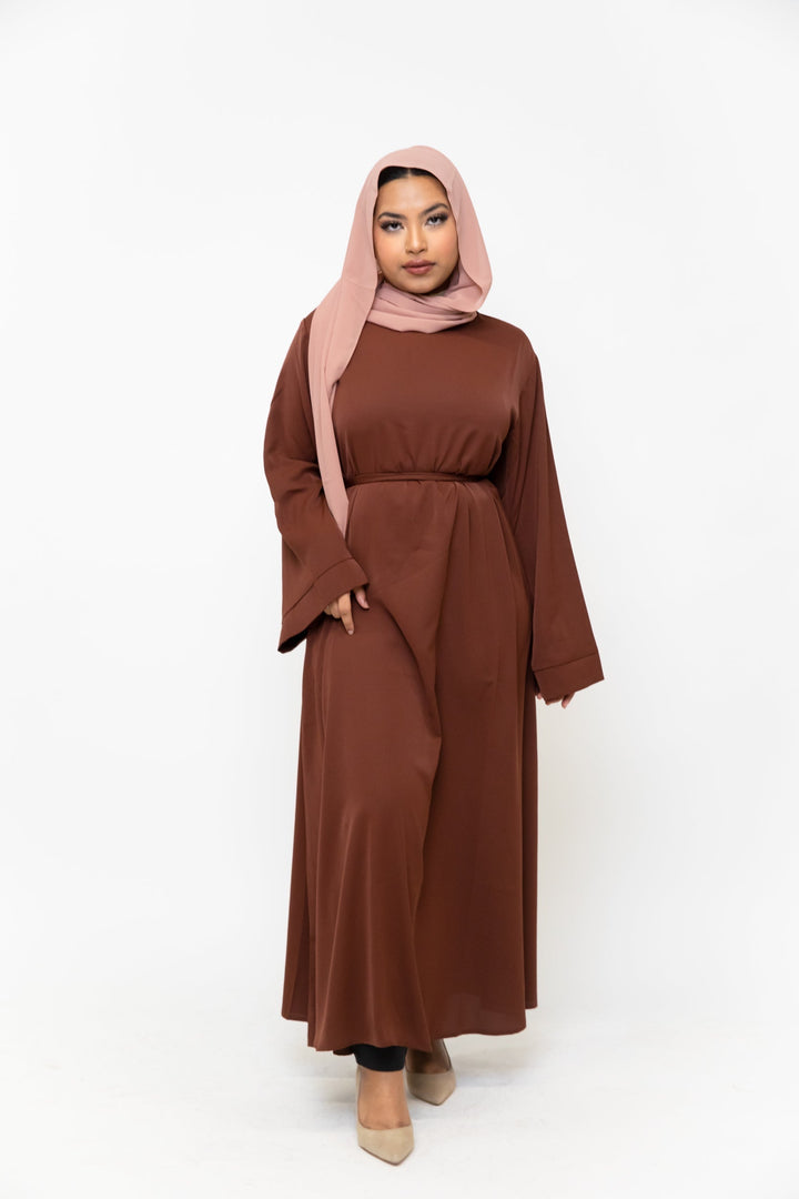 Brown kimono sleeve abaya maxi dress with pink hijab