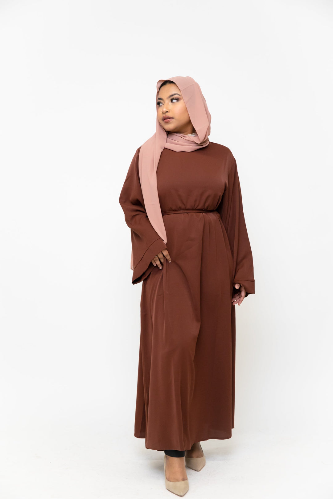 Brown kimono sleeve abaya maxi dress with hijab