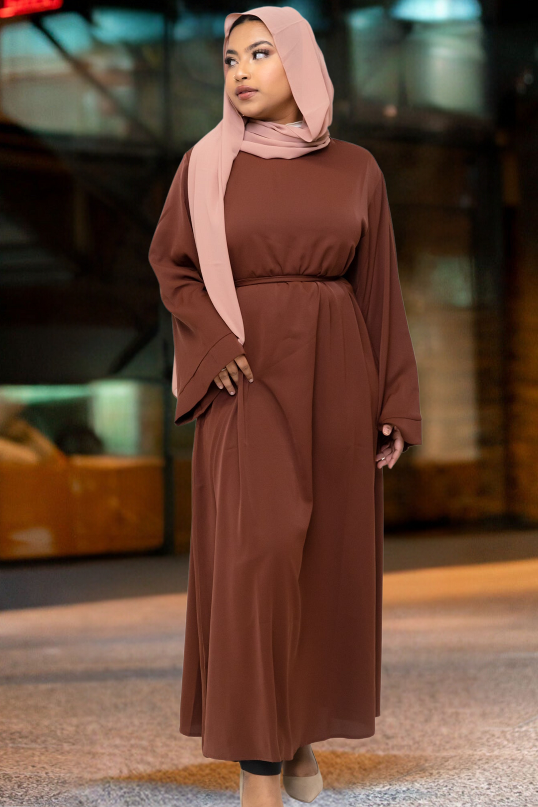 Brown kimono sleeve abaya maxi dress with hijab