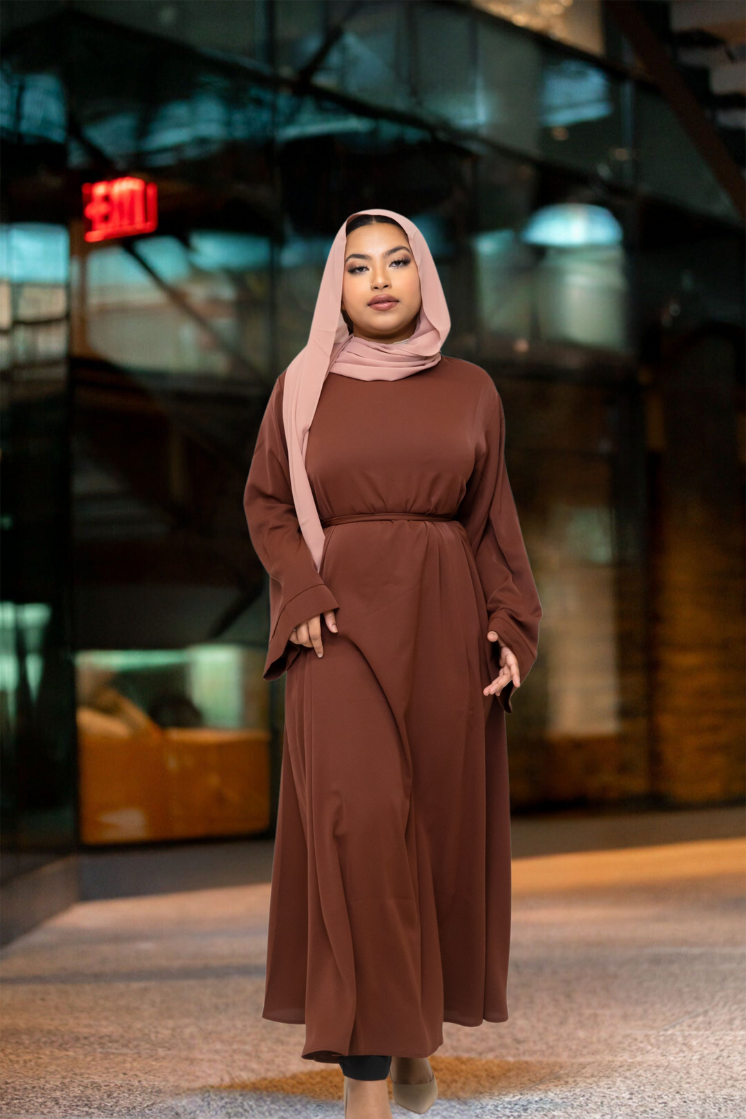 Brown kimono sleeve abaya maxi dress with hijab