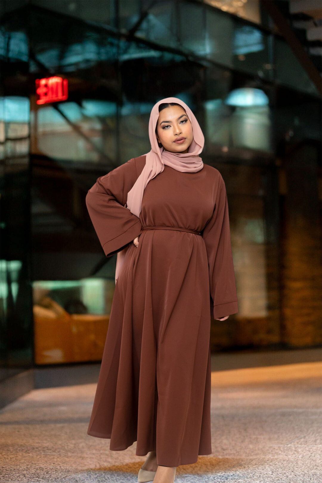 Brown kimono sleeve abaya maxi dress with hijab